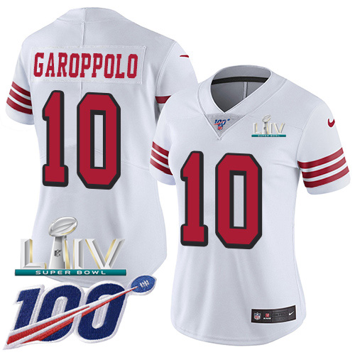 San Francisco 49ers Nike #10 Jimmy Garoppolo White Super Bowl LIV 2020 Rush Women Stitched NFL Limited 100th Season Jersey->women nfl jersey->Women Jersey